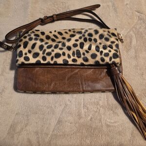 Leopard Print Fold-Over Crossbody Bag with Brown Leather Trim By JEN & CO
